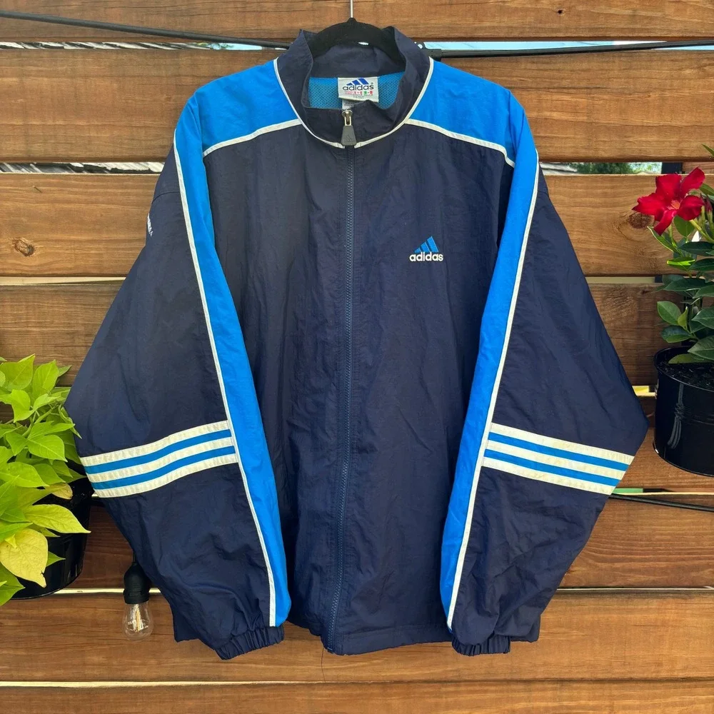Adidas Windbreaker Jacket Mens L Navy Blue Excellent Vintage 3-Stripe Zip Up